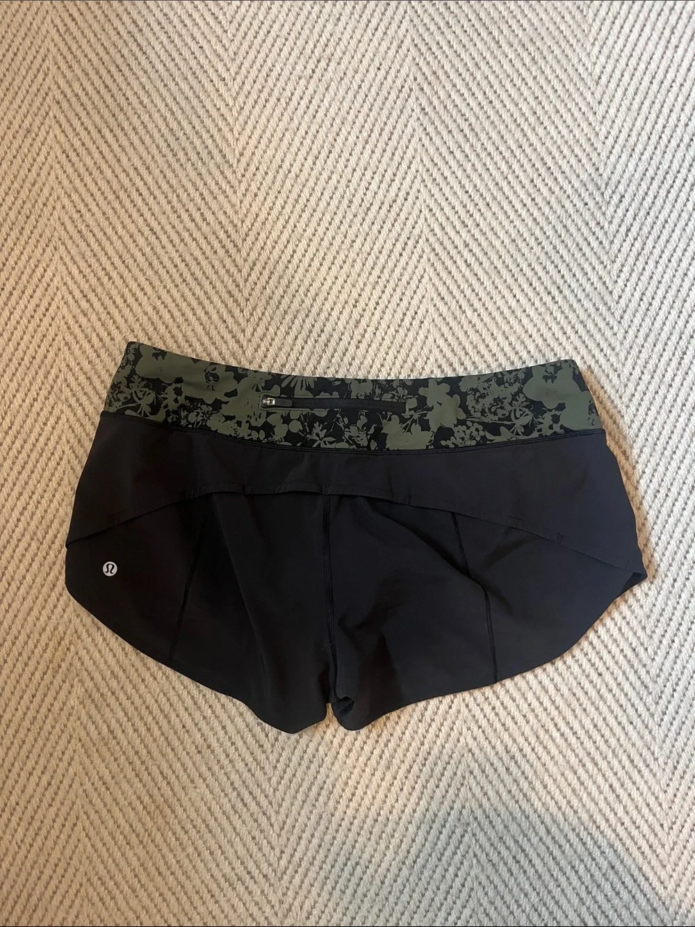lululemon athletica Black Athletic Shorts with Olive Floral Waistband